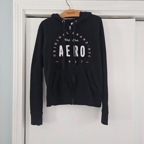 Aeropostale Full Zip-Up Original 1987 Black Large Hooded Sweatshirt - Picture 1 of 9